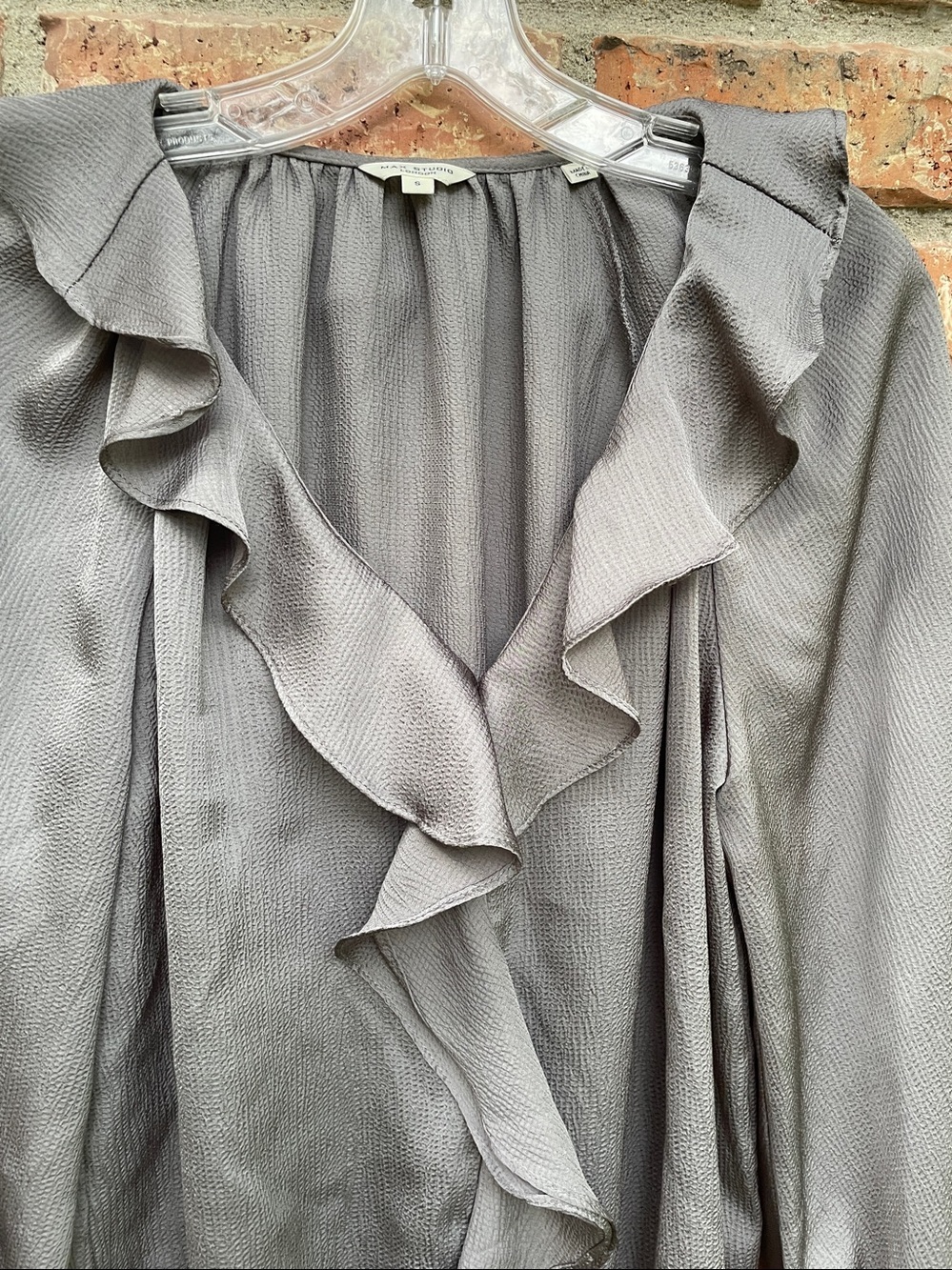 Max Studio Gray Ruffle Front Long Sleeve Blouse - Picture 2 of 6